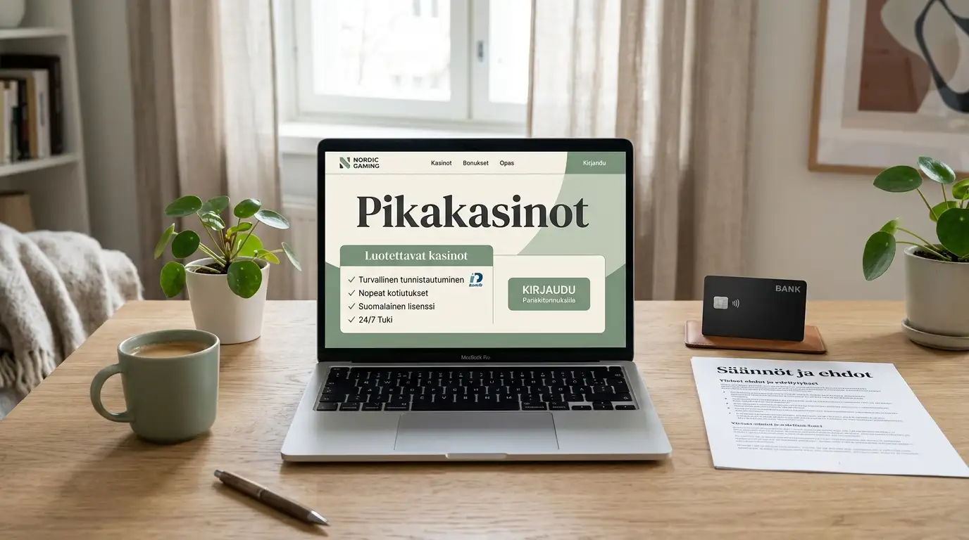 Rauhallinen työpöytä, jossa tarkistetaan kasinon ehtoja, tunnistautumista ja riskejä