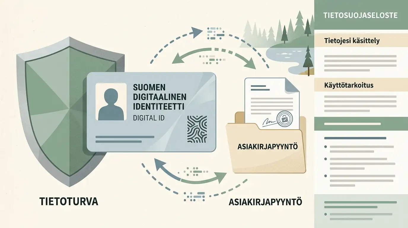 Henkilötietojen tarkistuspolku, jossa huomioidaan tunnistautuminen, rekisterinpitäjä ja asiakirjapyynnöt